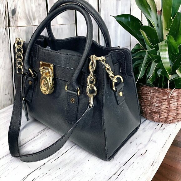 Michael Kors Medium Hamilton East West Satchel Black Saffiano Leather Gold HW - Picture 1 of 13